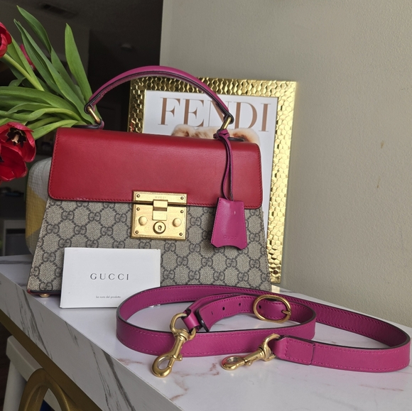 Gucci Handbags - GG Supreme Monogram Calfskin Medium Padlock Satchel Bag Hibiscus Red Rosette
